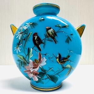 Vintage Victorian-era Vase Moon Flask Blue Glass Birds Hand Painted